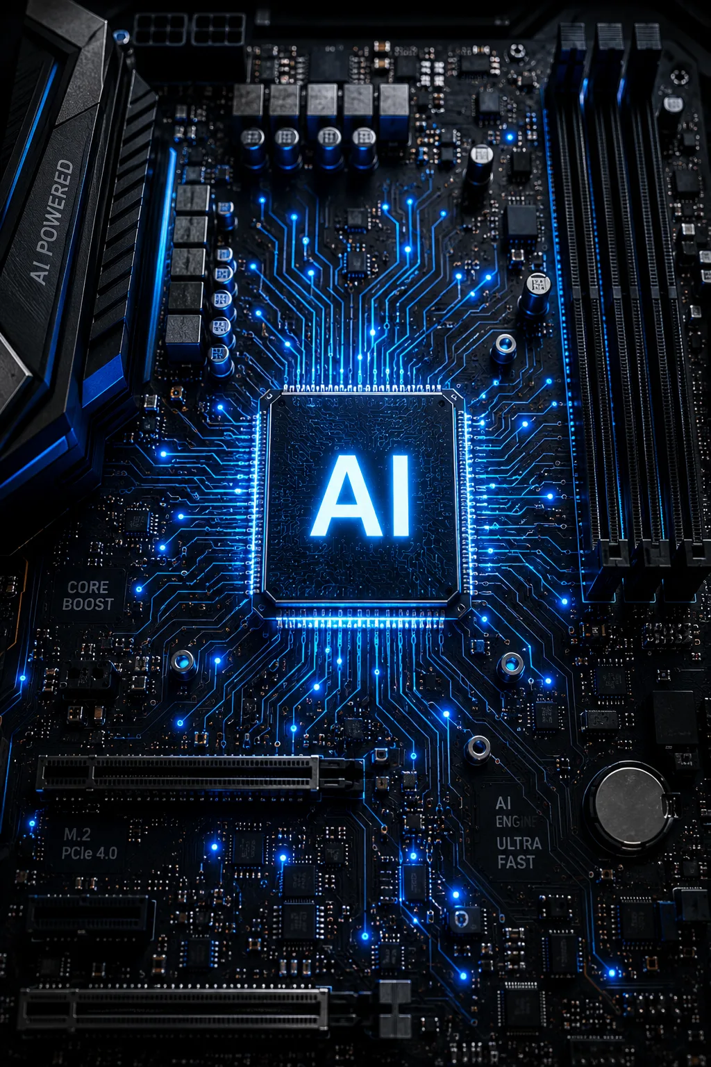 AI-chip op een verlicht moederbord, symbool voor hoe wij AI inzetten om sneller te bouwen
